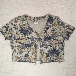 90s Vintage En Chante Floral Tapestry Short Sleeve Button Down Crop Cardigan